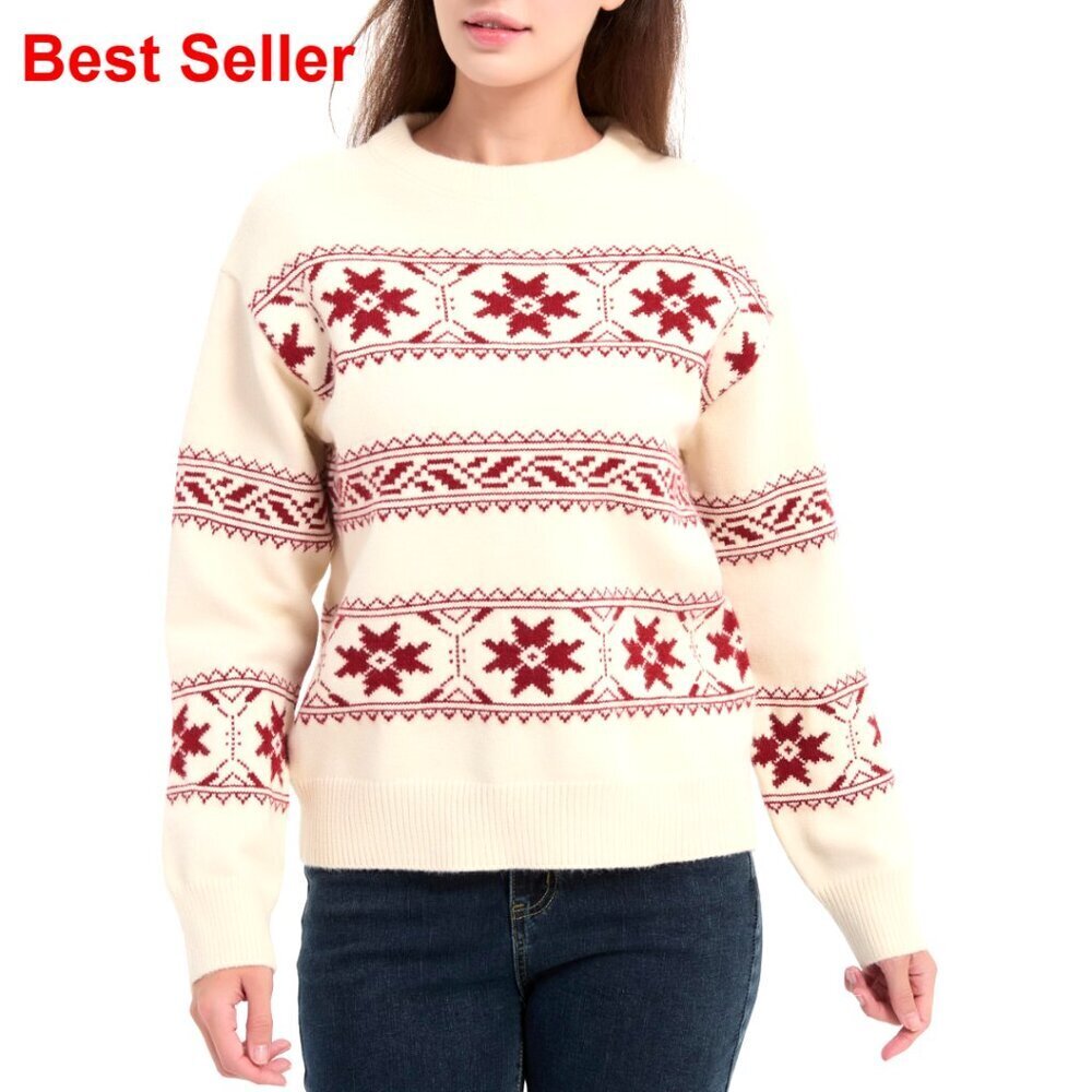 Striped Jacquard Crewneck Sweater Pullover Long Sleeve Knit Top Casual